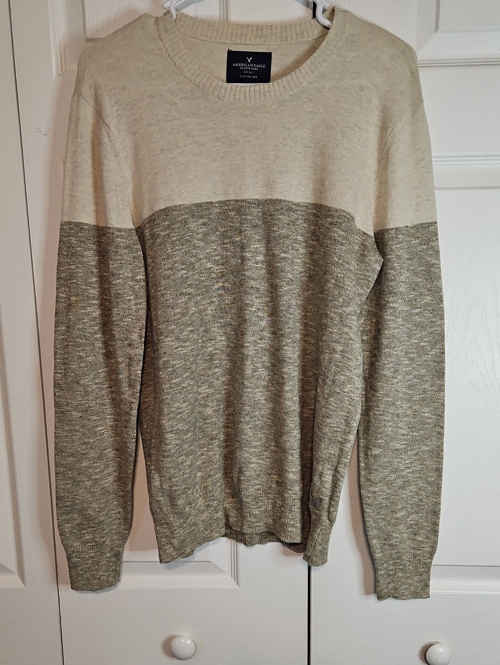 American Eagle Outfitters Men’s Two-Tone Crewneck Sweater - Cream & Olive